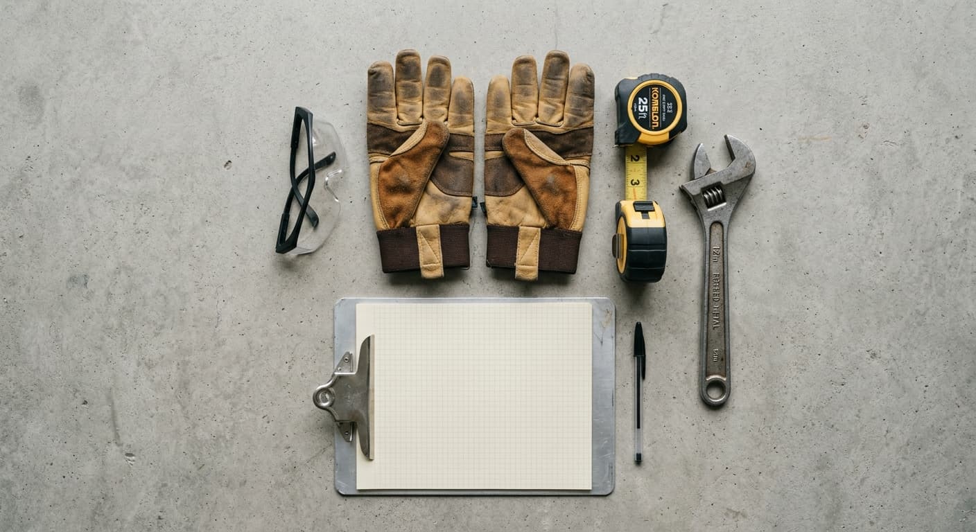 Industrial tools and equipment flat lay